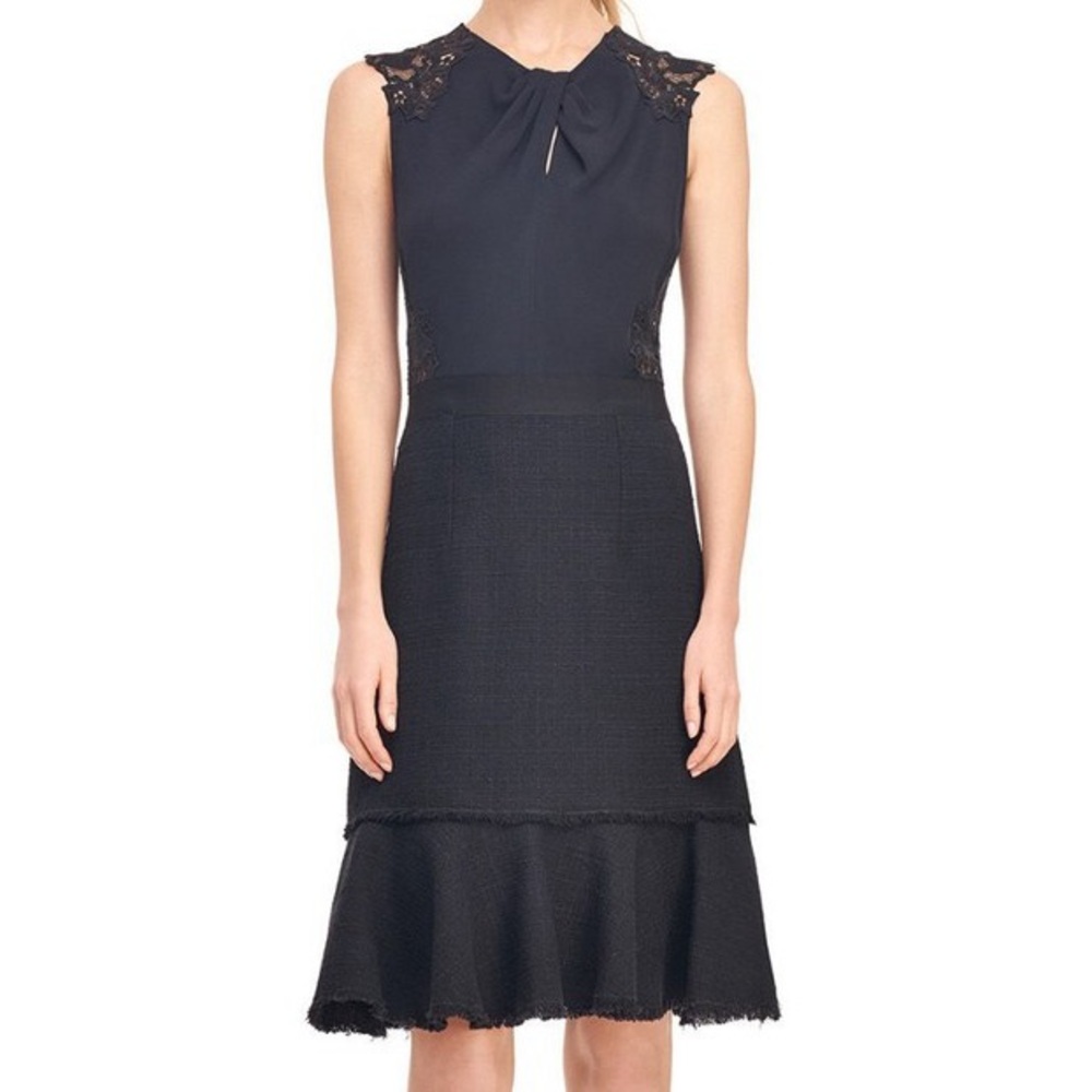 Rebecca Taylor Luna Script Lace Black Tweed Knee Length Sleeveless Dress EUC 8
